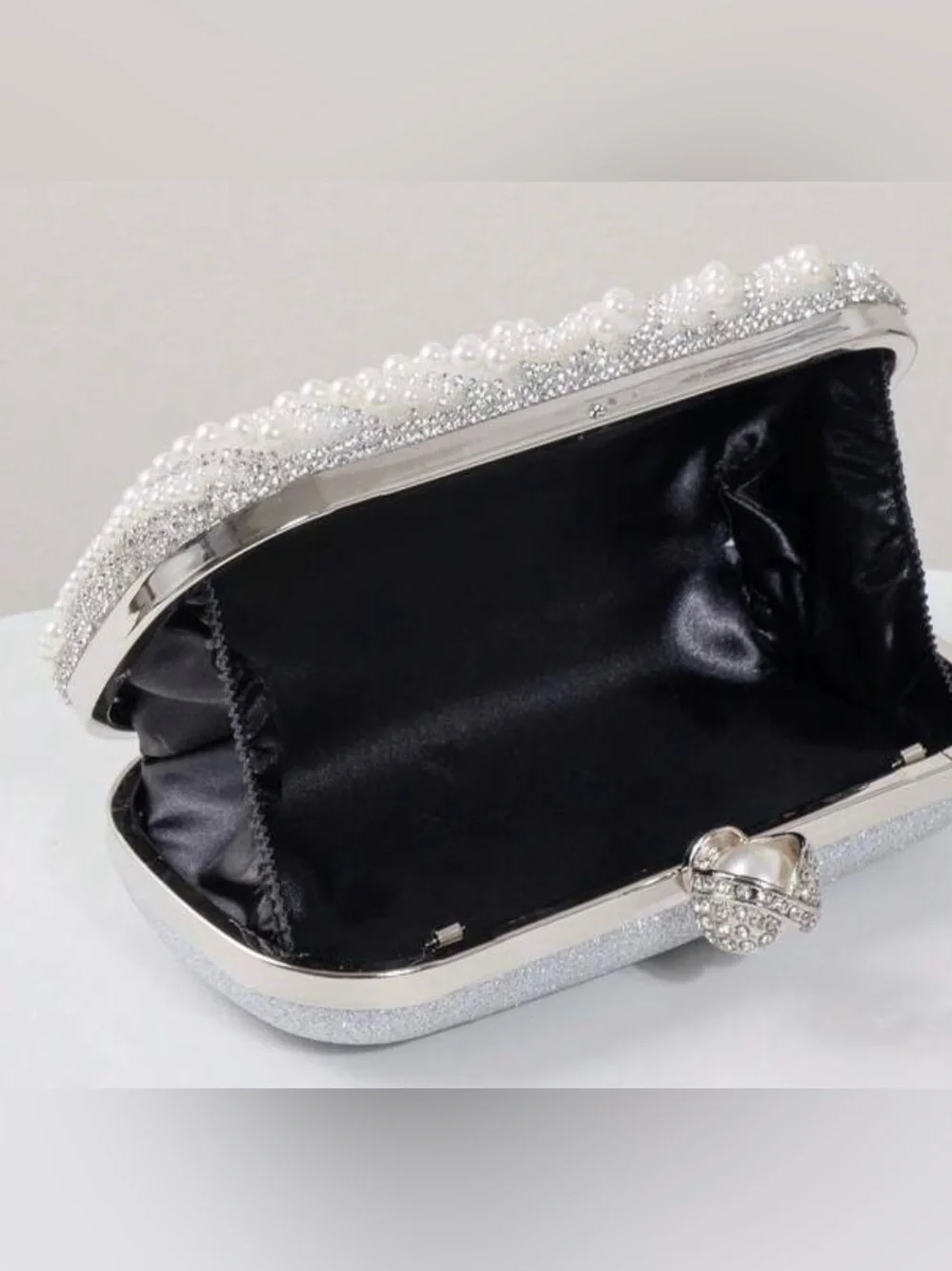Pearl & Crystal Embellished Clutch - Silver